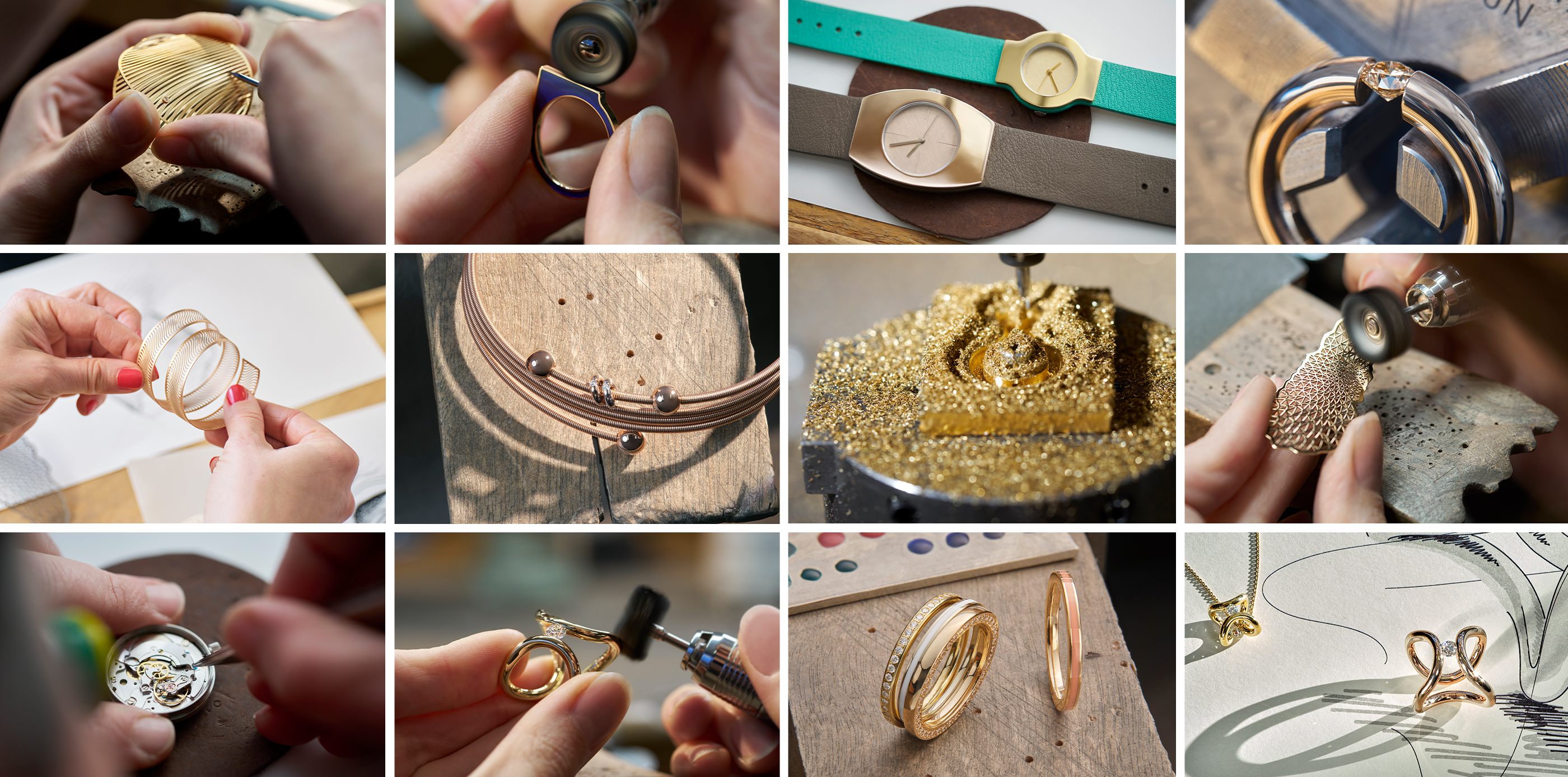 Verschiedene Ansichten und Produktionsschritte bei der Herstellung von unterschiedlichem Schmuck